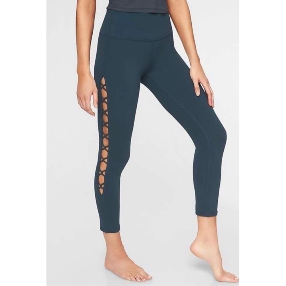 Athleta Shiva 7/8 Lace Up Detail Tights Leggings Teal Abyss Womens Size XS